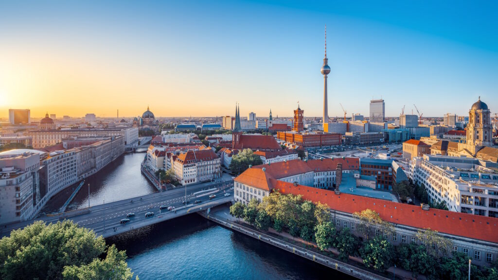 Aerial photo of the Spree and the Fernsehturm at the back in Berlin, capital of Germany