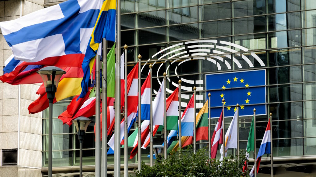 European flags in front of the European Commission in Brussels