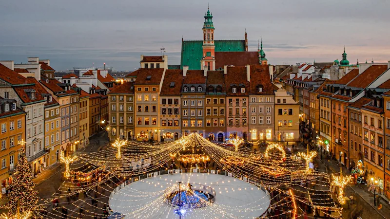 Aerial photo of a Christmas market in Warsaw, capital of Poland