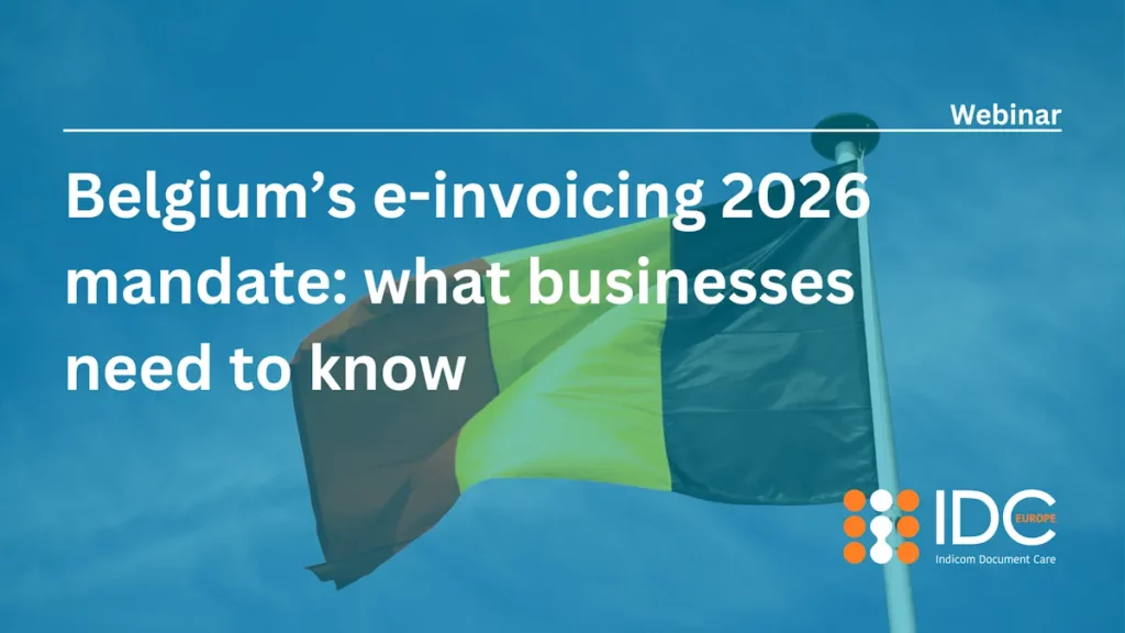 Indicom Document Care webinar banner about Belgium titled: "Belgium’s transition to mandatory e-invoicing: how to prepare for 2026"