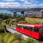 Photo of the typical red cable car with Wellington, capital of New Zealand, and the bay in the background