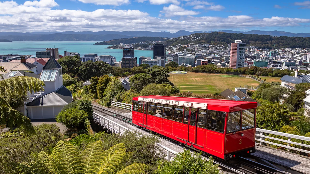 Photo of the typical red cable car with Wellington, capital of New Zealand, and the bay in the background