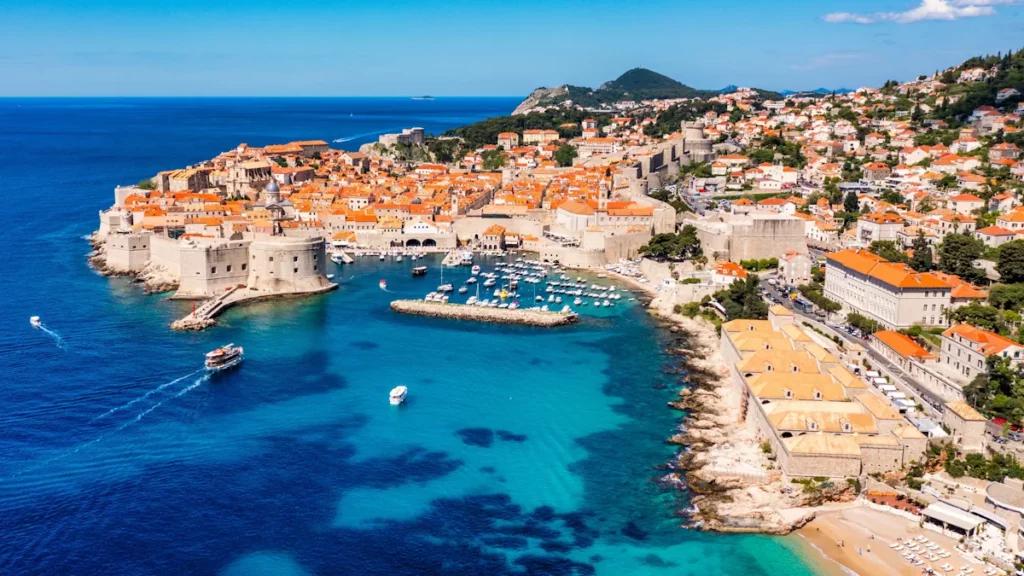Aerial photo of the harbor and the old city of Dubrovnik, in Croatia