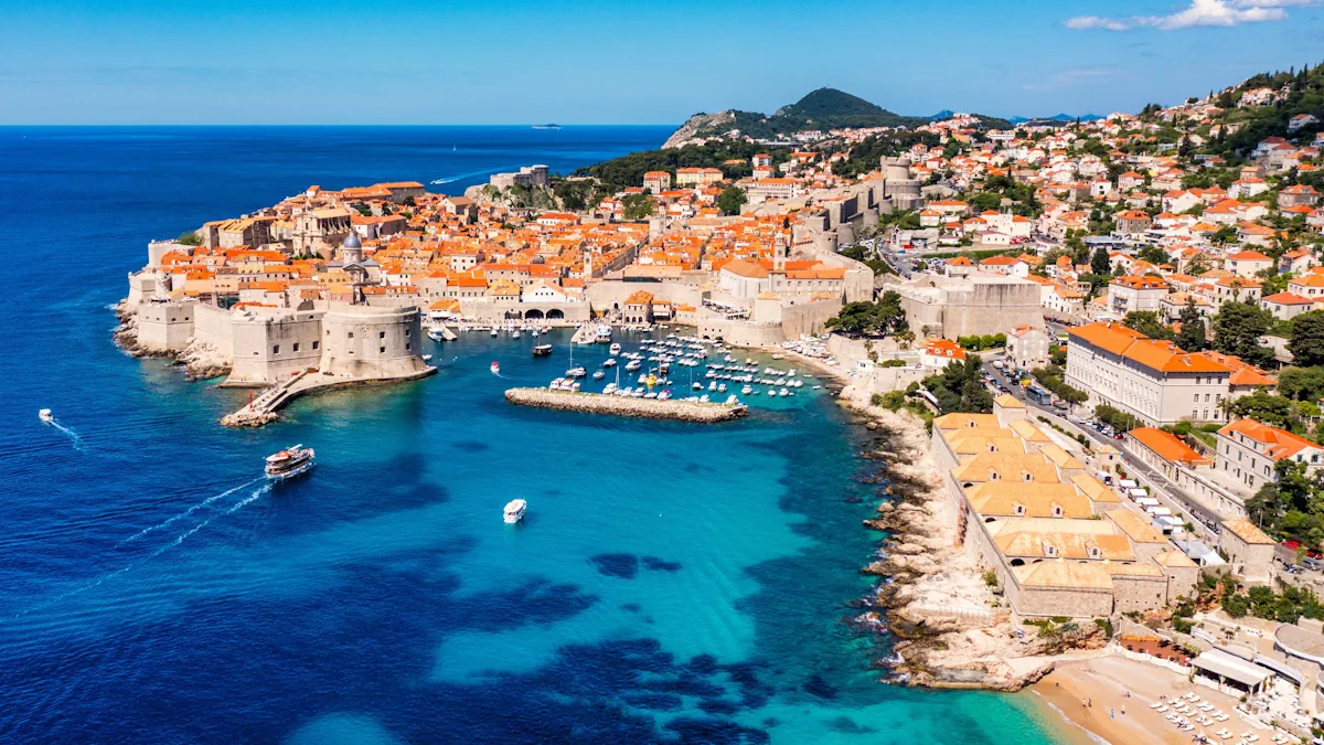 Aerial photo of the harbor and the old city of Dubrovnik, in Croatia