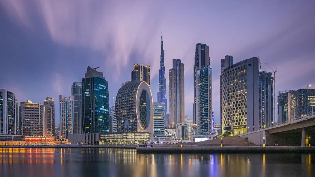 Photo of the Dubai skyline at night, part of the United Arab Emirates
