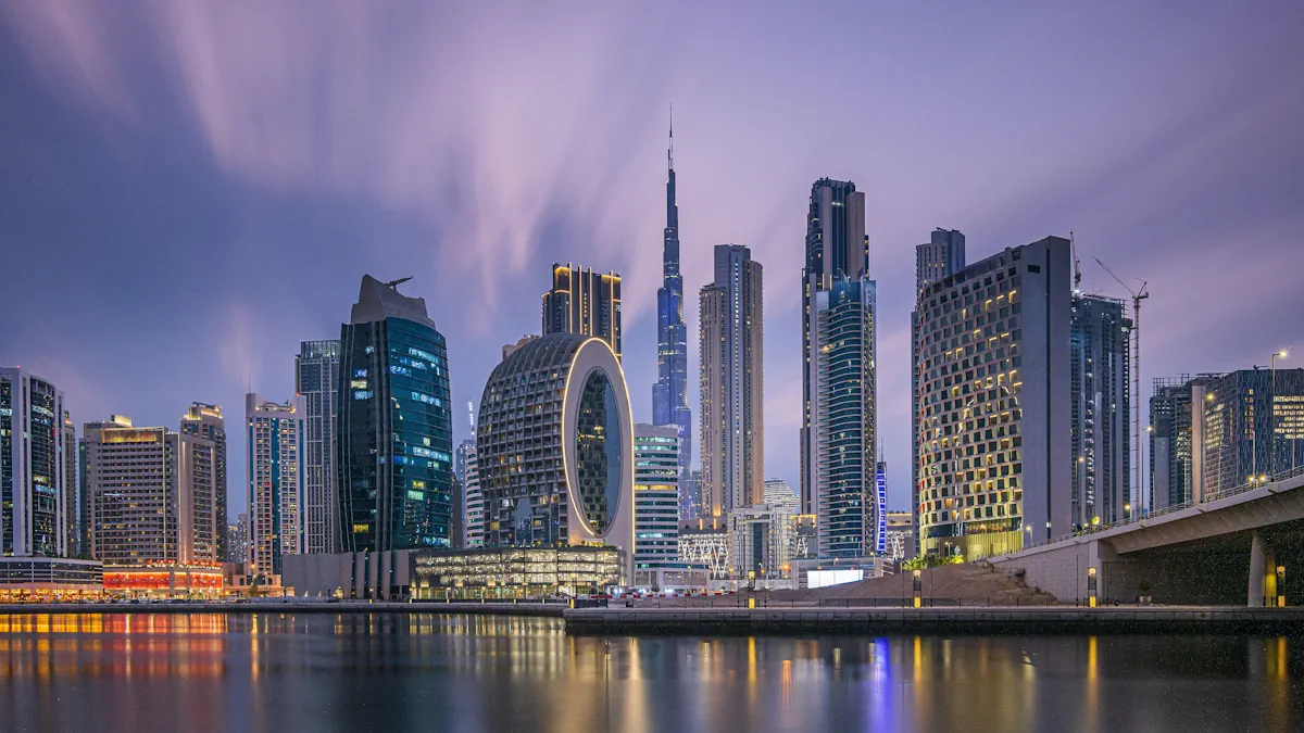 Photo of the Dubai skyline at night, part of the United Arab Emirates