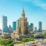 Aerial photo of the Palace of Culture and Science with the skyline of Warsaw, capital of Poland, in the background