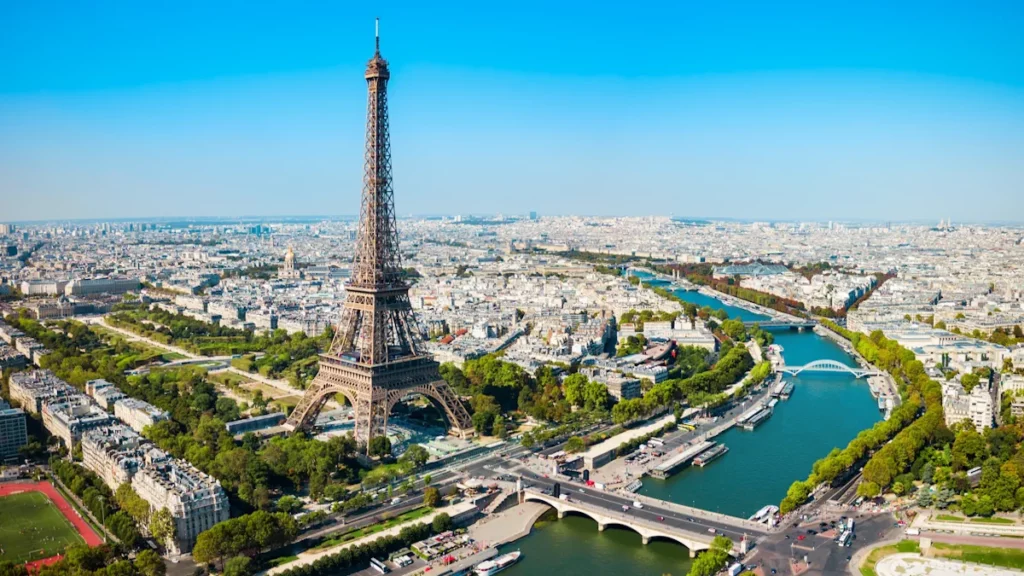 Aerial view of the Eiffel tower and the Seine river in Paris, capital of France