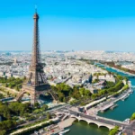Aerial view of the Eiffel tower and the Seine river in Paris, capital of France