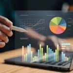 Holographic dashboard over a laptop, illustrating the idea of an insightful report