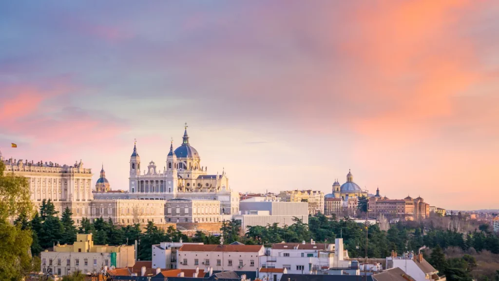 Panoramic view of Almudena Cathedral beside the Royal Palace, in Madrid, capital of Spain,