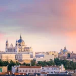 Panoramic view of Almudena Cathedral beside the Royal Palace, in Madrid, capital of Spain,