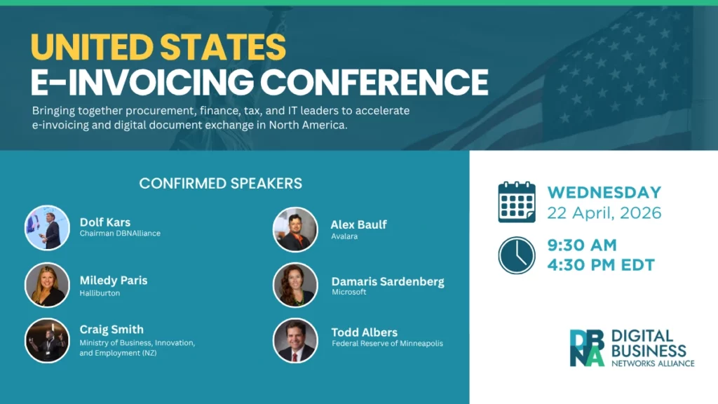 Speakers list for the DBNAlliance U.S. e-invoicing conference on April 22, 2026