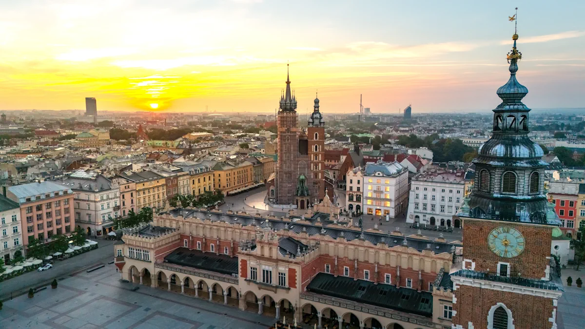 Main Market Square at summer dawn, aerial view of the historic central marketplace in Kraków, Poland