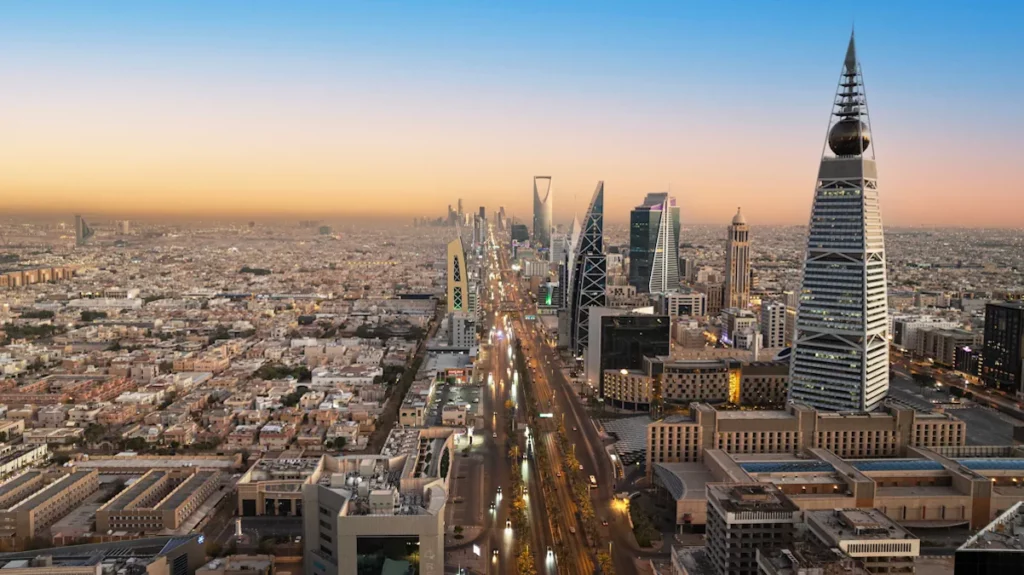 Aerial photo of the skyline at sunset of Ryiad, capital of Saudi Arabia