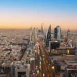 Aerial photo of the skyline at sunset of Ryiad, capital of Saudi Arabia