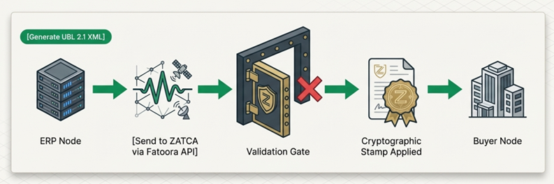 Overview of the clearance model implemented in Saudi Arabia, where invoices must first be validated by ZATCA before being delivered to the buyer