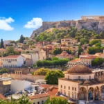 Skyline with Monastiraki Square and the Acropolis hill at sunset, in Athens, capital of Greece.