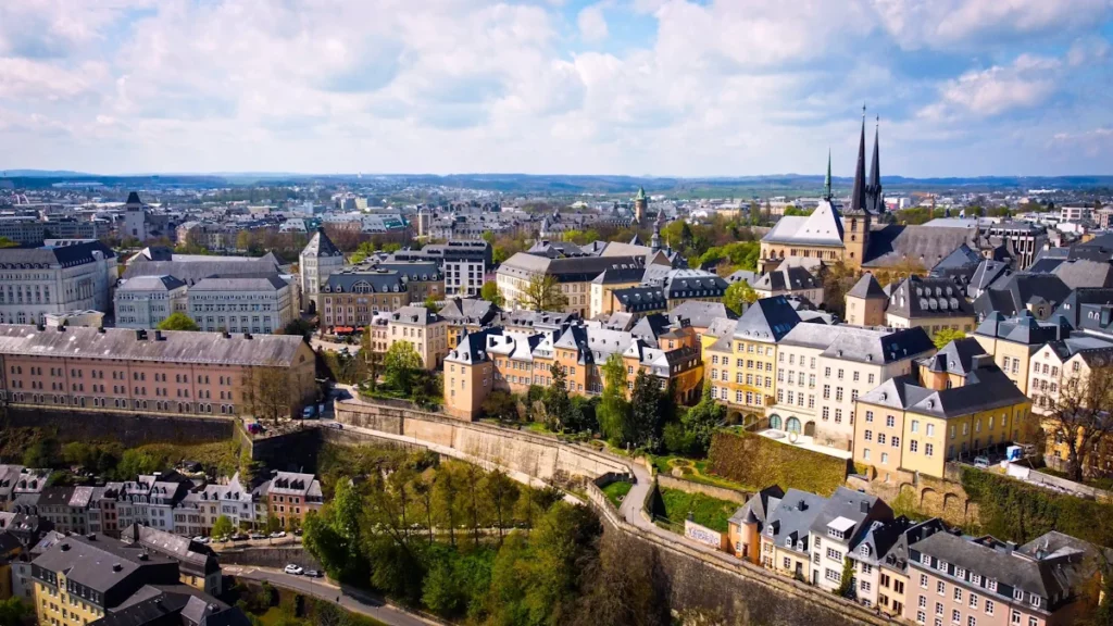 Aerial view of Luxembourg City, showing its historic center