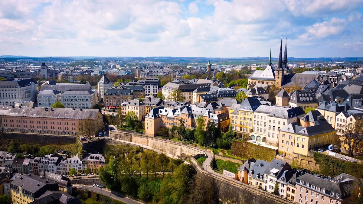 Aerial view of Luxembourg City, showing its historic center