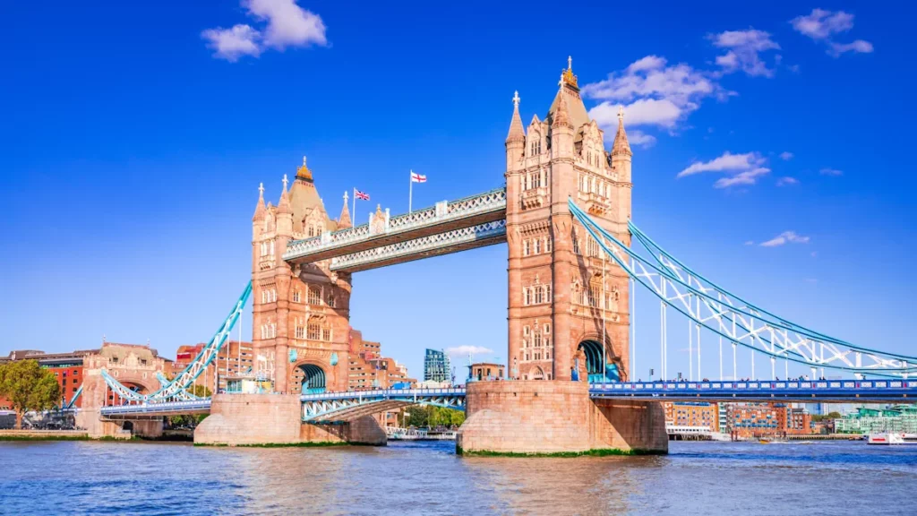 London, United Kingdom. Tower Bridge, an iconic suspension bridge crossing the River Thames near the Tower of London.
