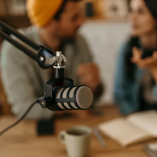 Professional microphone in the foreground during a webinar, with two people engaged in discussion in a blurred background.