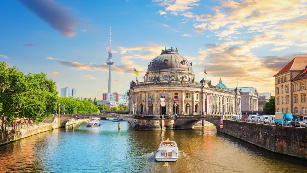Panoramic view of Museum Island and the River Spree with a bridge crossing the water in the heart of Berlin, capital of Germany.