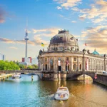 Panoramic view of Museum Island and the River Spree with a bridge crossing the water in the heart of Berlin, capital of Germany.