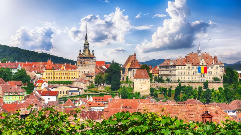 Panoramic summer view of the medieval architecture of Sighisoara, a historic town in the Transylvania region of Romania, Europe.