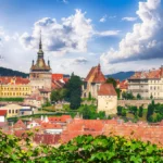 Panoramic summer view of the medieval architecture of Sighisoara, a historic town in the Transylvania region of Romania, Europe.