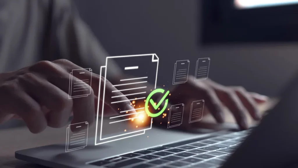 Person managing digital document icons, representing electronic invoicing, document processing and digital compliance.
