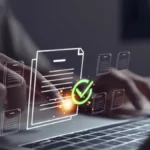 Person managing digital document icons, representing electronic invoicing, document processing and digital compliance.