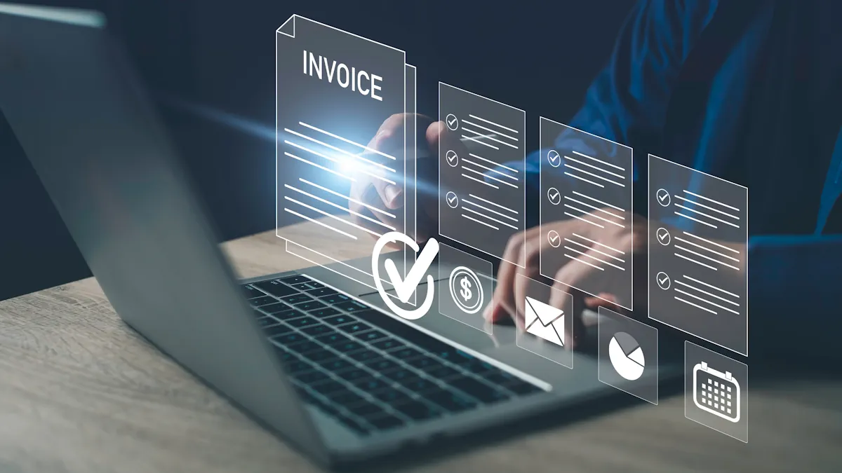 Laptop with digital invoice and checklist icons, representing e-invoicing, online billing, payment automation, and electronic business documents.