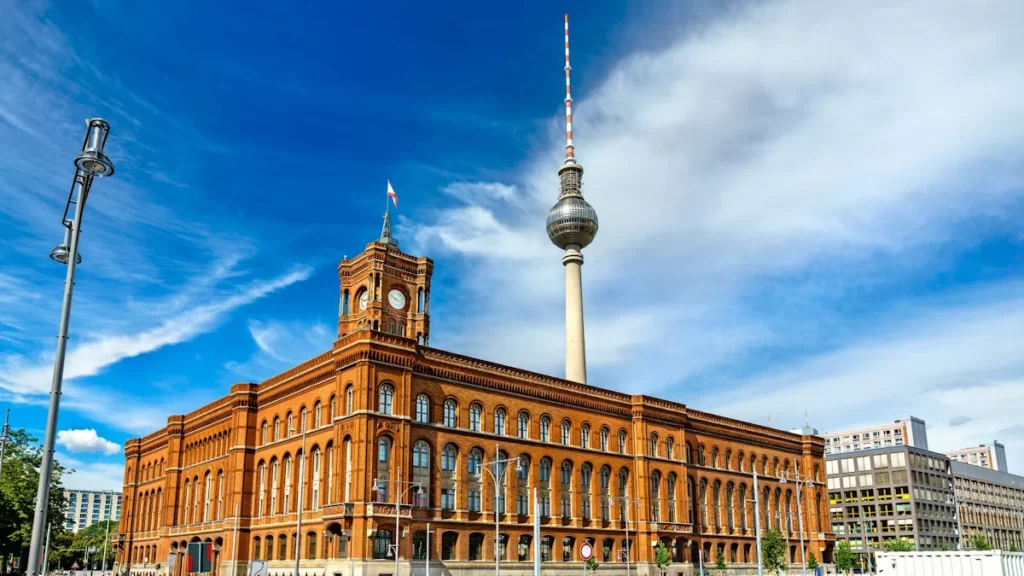 Rotes Rathaus, Berlin City Hall, with the TV Tower in the background, Germany.