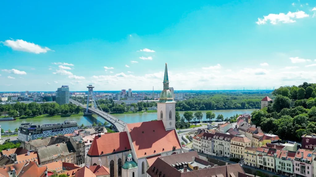 Aerial view of St. Martin’s Cathedral beneath Bratislava Castle, near the western edge of Bratislava’s historic Old Town, Slovakia.